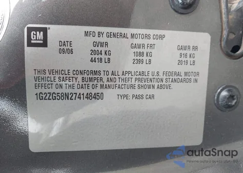 2007 Pontiac G6 from USA, damaged, VIN 1G2ZG58N274148450